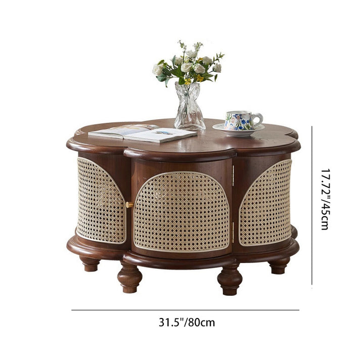Table basse traditionnelle française en bois et rotin en forme de fleur avec 1 armoire pour salon et chambre 