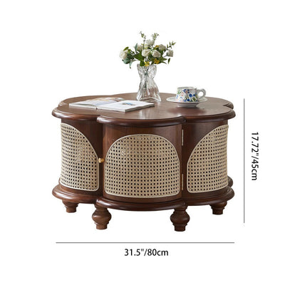 Traditional French Wood & Rattan Floral-Shaped Coffee Table With 1-Cabinet For Living Room & Bedroom