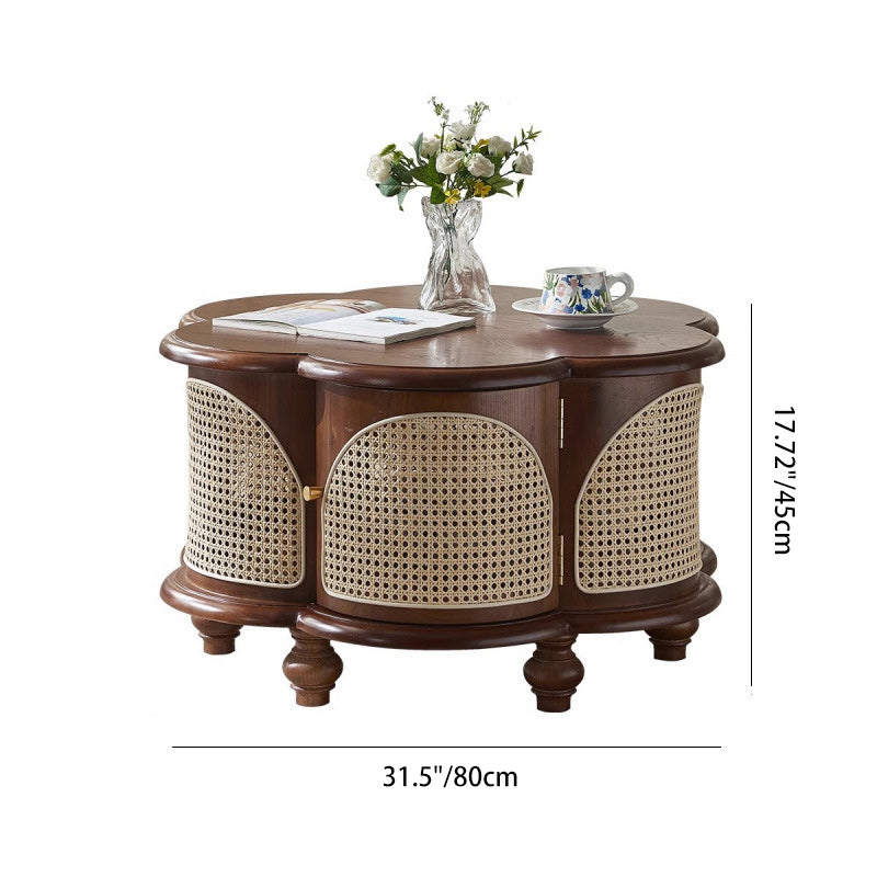 Traditional French Wood & Rattan Floral-Shaped Coffee Table With 1-Cabinet For Living Room & Bedroom