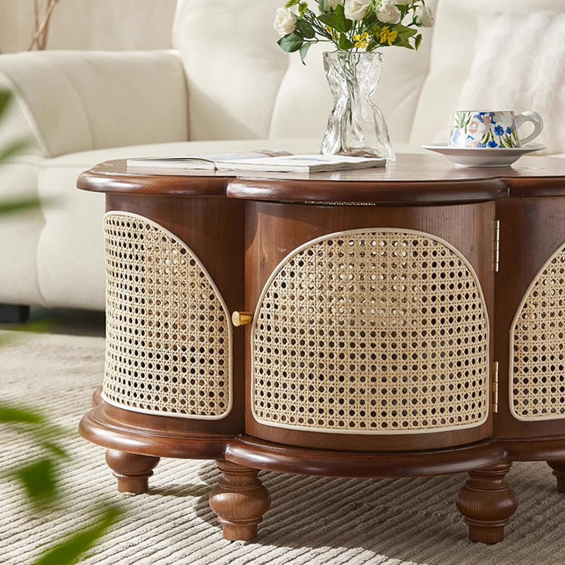 Traditional French Wood & Rattan Floral-Shaped Coffee Table With 1-Cabinet For Living Room & Bedroom