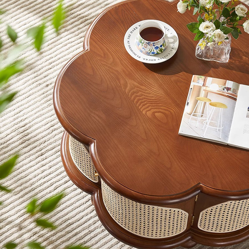 Traditional French Wood & Rattan Floral-Shaped Coffee Table With 1-Cabinet For Living Room & Bedroom