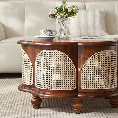 Traditional French Wood & Rattan Floral-Shaped Coffee Table With 1-Cabinet For Living Room & Bedroom