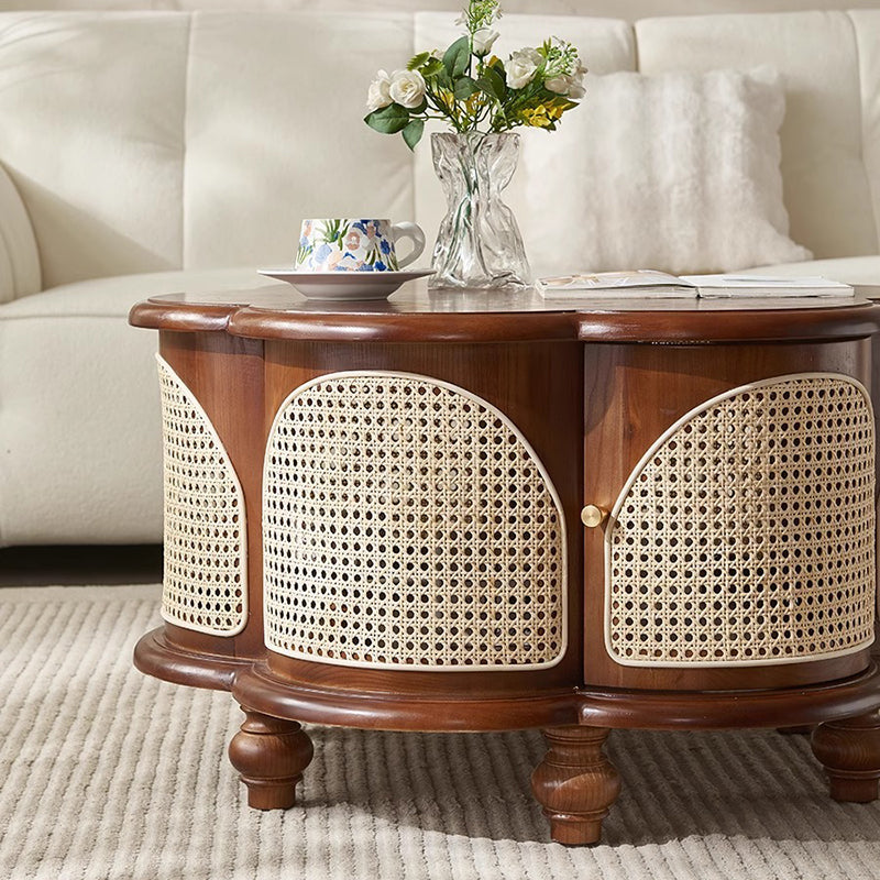 Traditional French Wood & Rattan Floral-Shaped Coffee Table With 1-Cabinet For Living Room & Bedroom