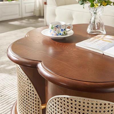 Traditional French Wood & Rattan Floral-Shaped Coffee Table With 1-Cabinet For Living Room & Bedroom