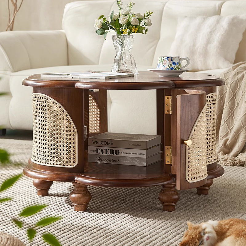 Traditional French Wood & Rattan Floral-Shaped Coffee Table With 1-Cabinet For Living Room & Bedroom