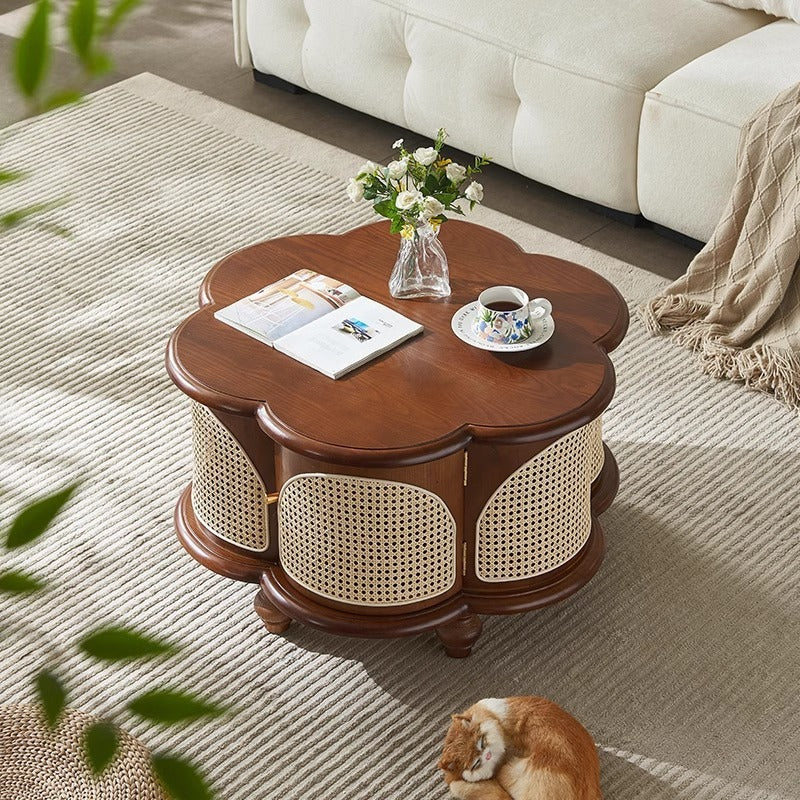 Traditional French Wood & Rattan Floral-Shaped Coffee Table With 1-Cabinet For Living Room & Bedroom