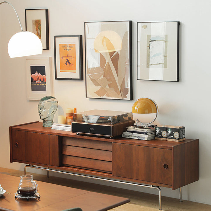 Traditioneller Vintage-Holz- & Edelstahl-Rechteck-TV-Ständer mit 3 Schubladen für Wohnzimmer & Schlafzimmer 
