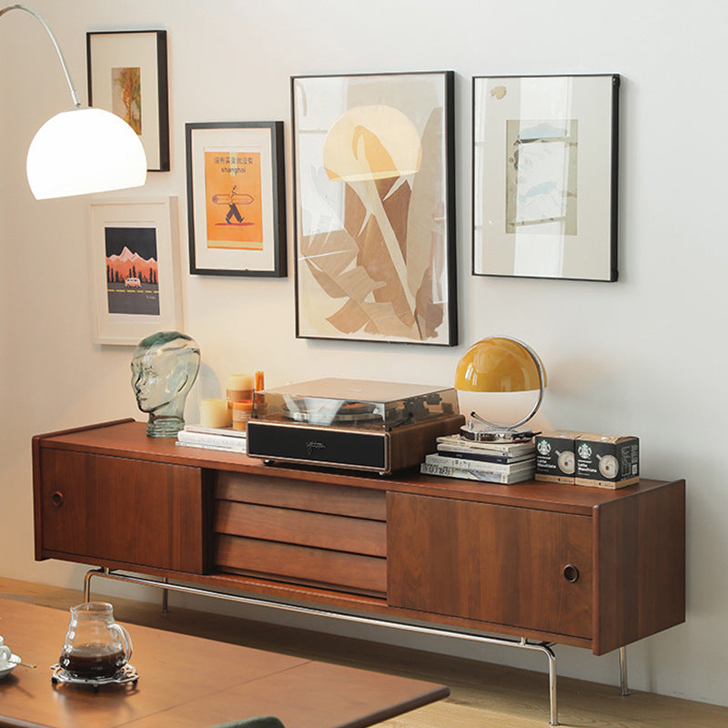 Traditional Vintage Wood & Stainless Steel Rectangular TV Stand With 3-Drawer For Living Room & Bedroom