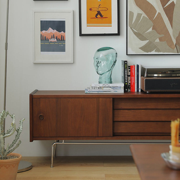 Traditioneller Vintage-Holz- & Edelstahl-Rechteck-TV-Ständer mit 3 Schubladen für Wohnzimmer & Schlafzimmer 