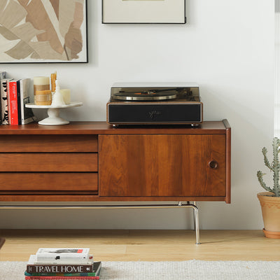 Traditional Vintage Wood & Stainless Steel Rectangular TV Stand With 3-Drawer For Living Room & Bedroom