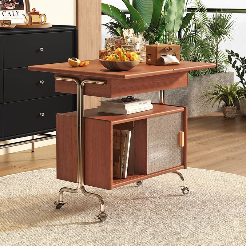 Zeitgenössischer nordischer Holz-, Edelstahl- und Glas-Rechteckiger Klappbarer Drehbarer Beistelltisch mit 3-Stauräumen für Wohnzimmer und Schlafzimmer 