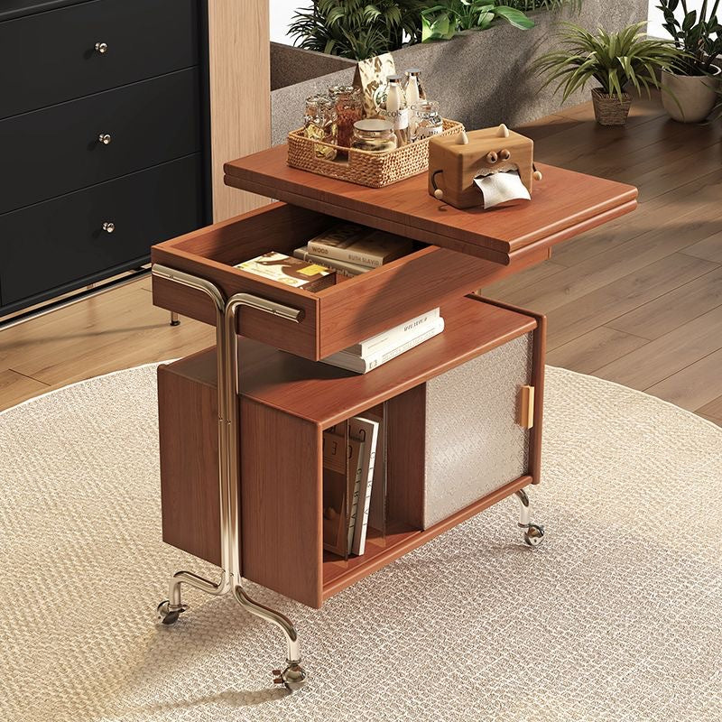 Zeitgenössischer nordischer Holz-, Edelstahl- und Glas-Rechteckiger Klappbarer Drehbarer Beistelltisch mit 3-Stauräumen für Wohnzimmer und Schlafzimmer 