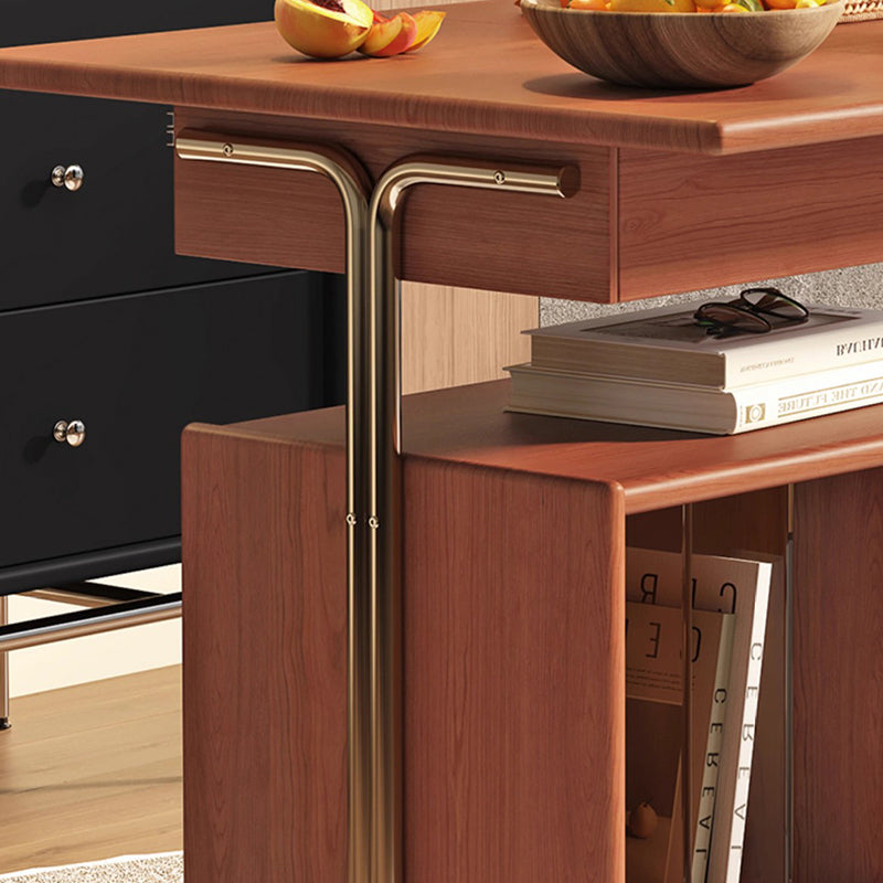 Zeitgenössischer nordischer Holz-, Edelstahl- und Glas-Rechteckiger Klappbarer Drehbarer Beistelltisch mit 3-Stauräumen für Wohnzimmer und Schlafzimmer 
