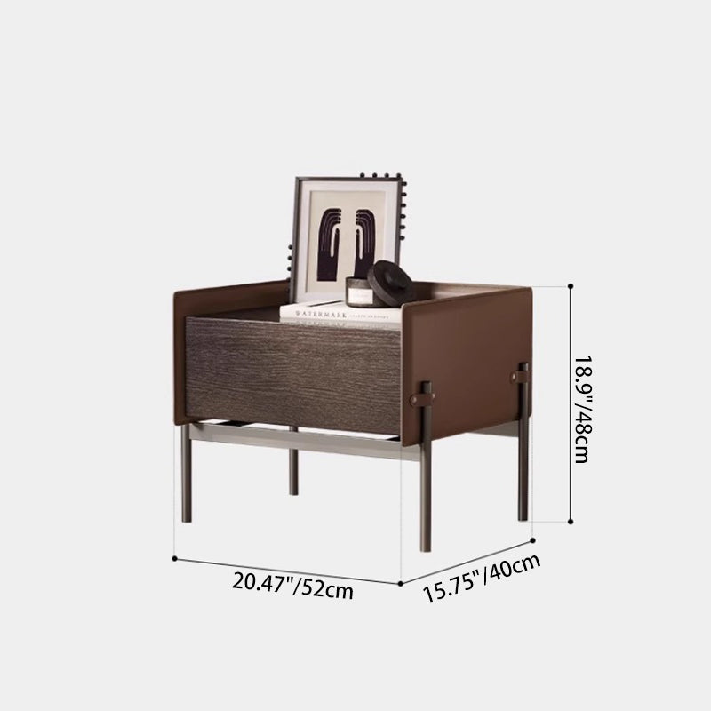Modern Minimalist Wood, Metal &amp; Saddle-Style Faux Leather Rectangular Nightstand With 1-Drawer For Bedroom &amp; Living Room