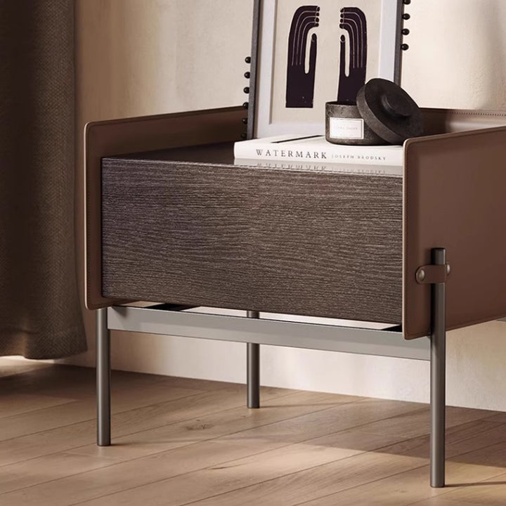 Modern Minimalist Wood, Metal &amp; Saddle-Style Faux Leather Rectangular Nightstand With 1-Drawer For Bedroom &amp; Living Room