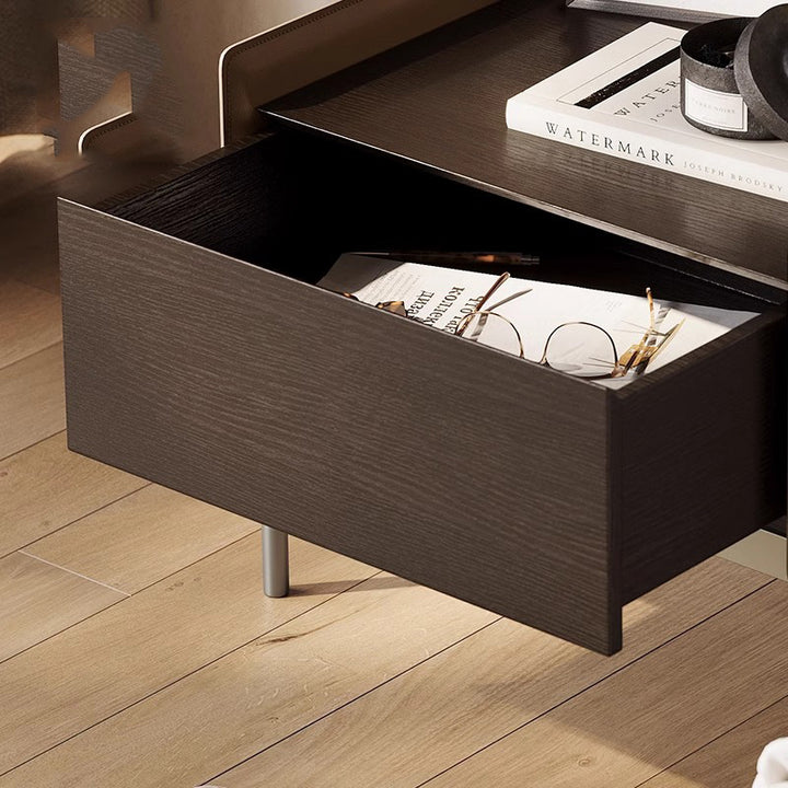 Modern Minimalist Wood, Metal &amp; Saddle-Style Faux Leather Rectangular Nightstand With 1-Drawer For Bedroom &amp; Living Room