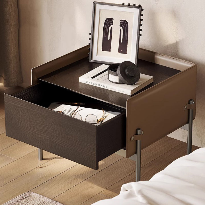 Modern Minimalist Wood, Metal &amp; Saddle-Style Faux Leather Rectangular Nightstand With 1-Drawer For Bedroom &amp; Living Room