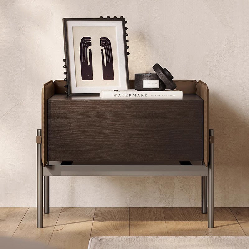 Modern Minimalist Wood, Metal &amp; Saddle-Style Faux Leather Rectangular Nightstand With 1-Drawer For Bedroom &amp; Living Room