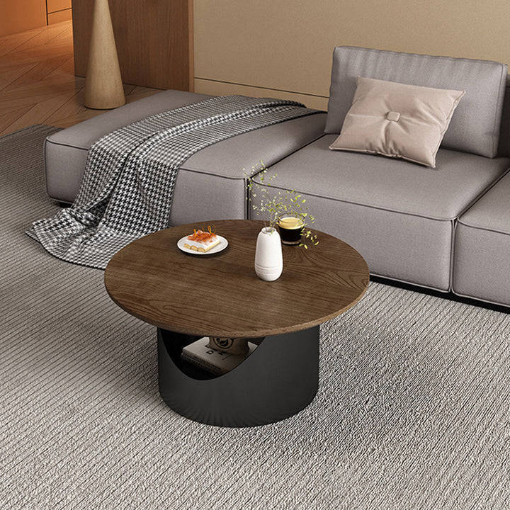 Table basse ronde traditionnelle en bois et acier au carbone avec rangement à 2 niveaux pour salon et chambre 