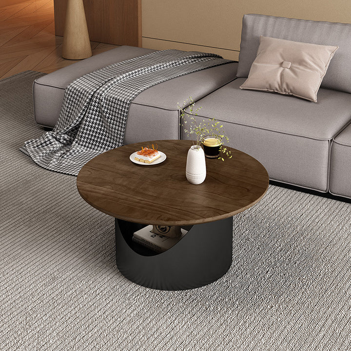 Table basse ronde traditionnelle en bois et acier au carbone avec rangement à 2 niveaux pour salon et chambre 