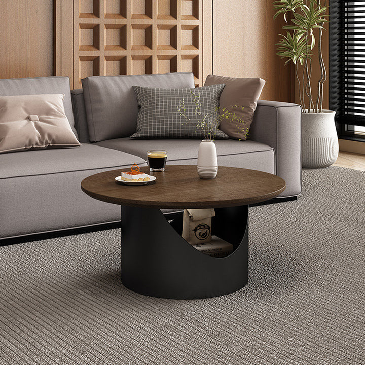 Table basse ronde traditionnelle en bois et acier au carbone avec rangement à 2 niveaux pour salon et chambre 
