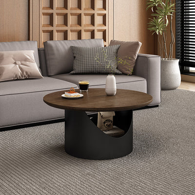 Traditional French Wood & Carbon Steel Round Coffee Table With 2-Tier Storage For Living Room & Bedroom