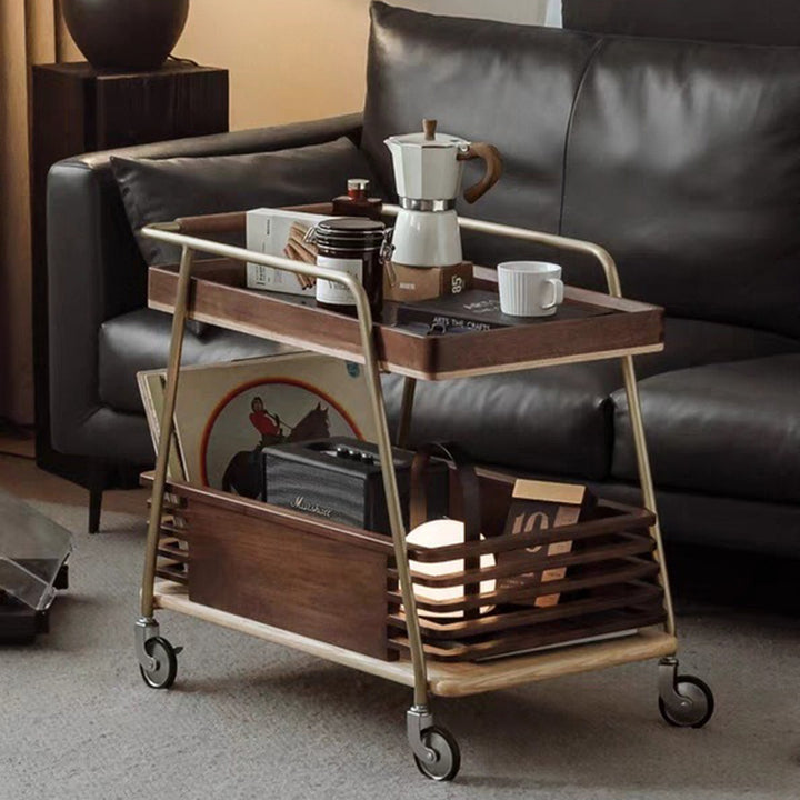 Moderner minimalistischer rechteckiger Beistelltisch aus Eschenholz, Glas und Edelstahl mit Rädern und 2-stufigem Stauraum für Wohnzimmer und Schlafzimmer 