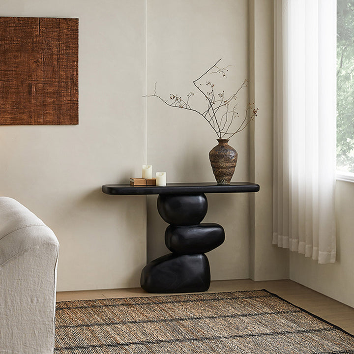 Traditional Vintage Pine Wood Irregular Round Rectangular Console Table For Entryway & Living Room