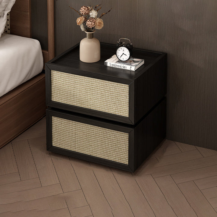 Table de nuit carrée moderne minimaliste en bois et rotin avec 2 tiroirs pour chambre et salon 