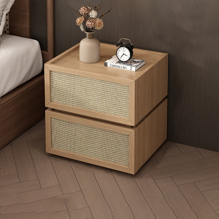 Table de nuit carrée moderne minimaliste en bois et rotin avec 2 tiroirs pour chambre et salon 