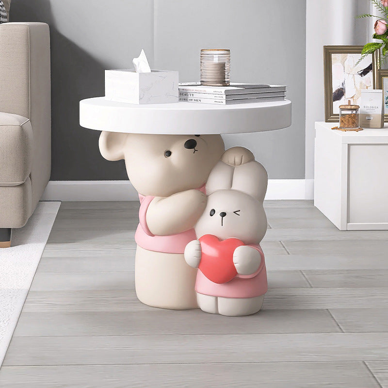 Contemporary Creative Resin Bear &amp; Bunny Base Round Side Table For Living Room &amp; Bedroom