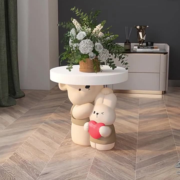 Contemporary Creative Resin Bear &amp; Bunny Base Round Side Table For Living Room &amp; Bedroom