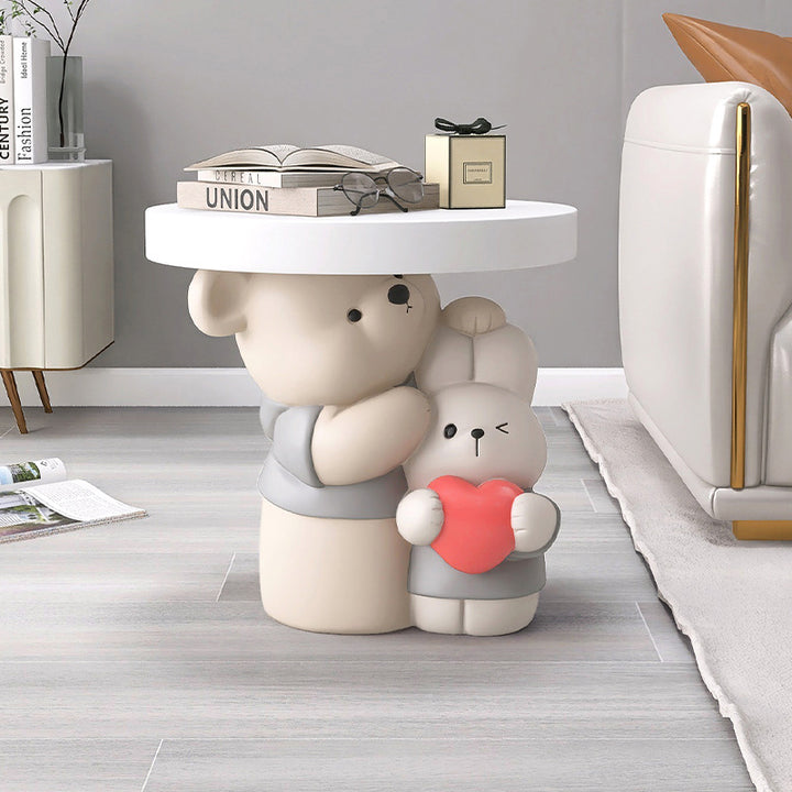 Contemporary Creative Resin Bear &amp; Bunny Base Round Side Table For Living Room &amp; Bedroom
