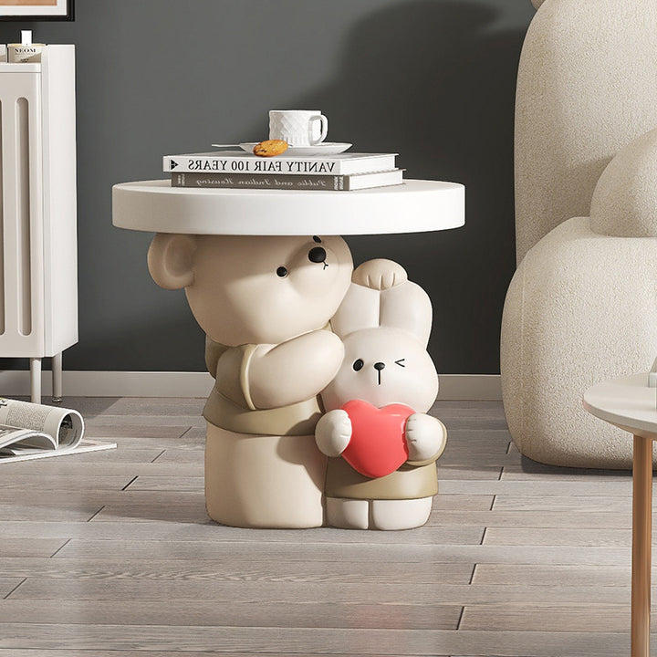 Contemporary Creative Resin Bear &amp; Bunny Base Round Side Table For Living Room &amp; Bedroom