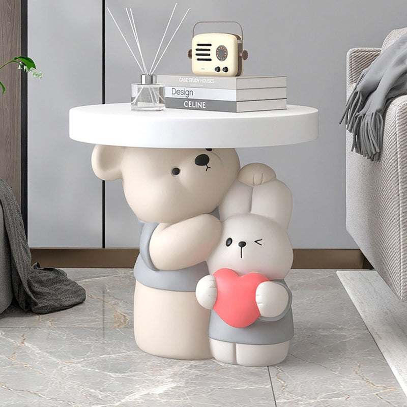 Contemporary Creative Resin Bear &amp; Bunny Base Round Side Table For Living Room &amp; Bedroom
