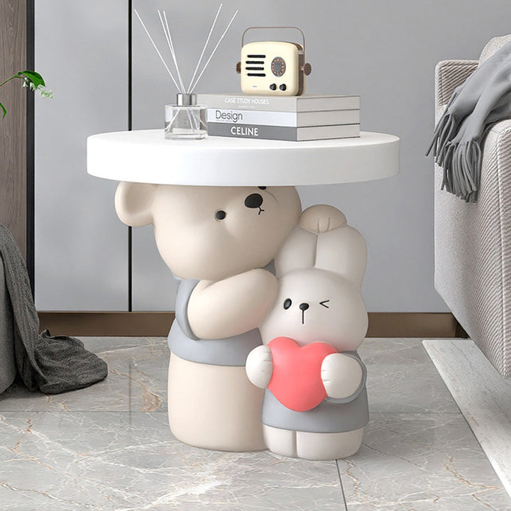 Contemporary Creative Resin Bear &amp; Bunny Base Round Side Table For Living Room &amp; Bedroom