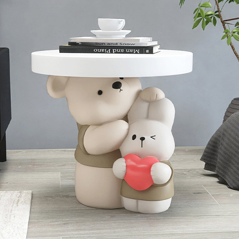 Contemporary Creative Resin Bear &amp; Bunny Base Round Side Table For Living Room &amp; Bedroom