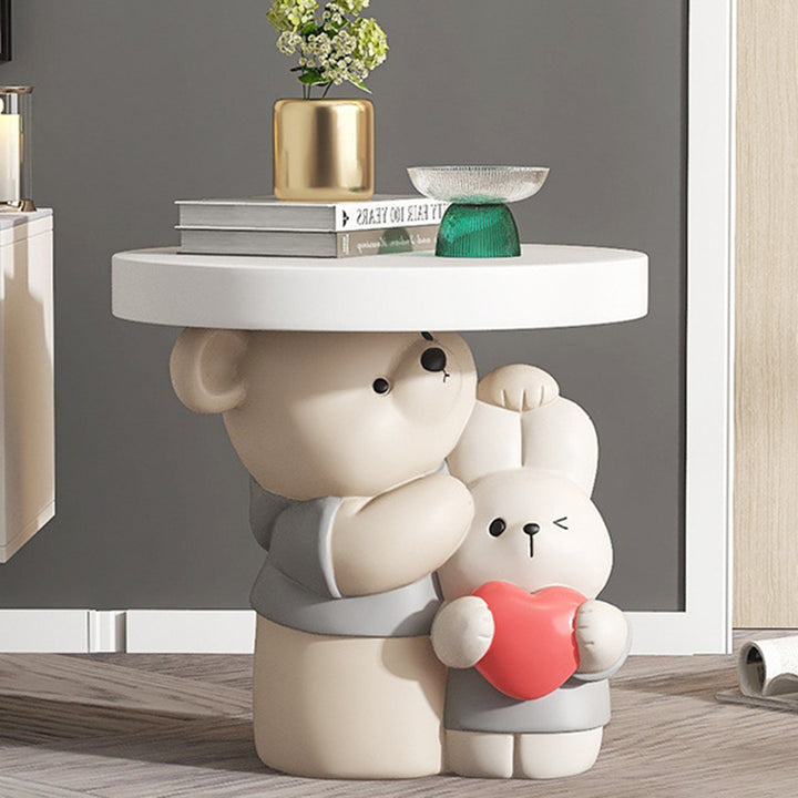 Contemporary Creative Resin Bear &amp; Bunny Base Round Side Table For Living Room &amp; Bedroom