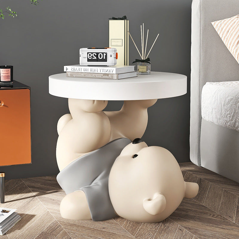 Contemporary Creative Resin Plywood Bear Base Round Side Table For Bedroom And Living Room
