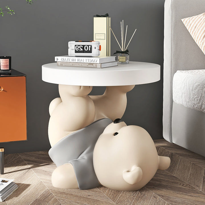 Contemporary Creative Resin Plywood Bear Base Round Side Table For Bedroom And Living Room