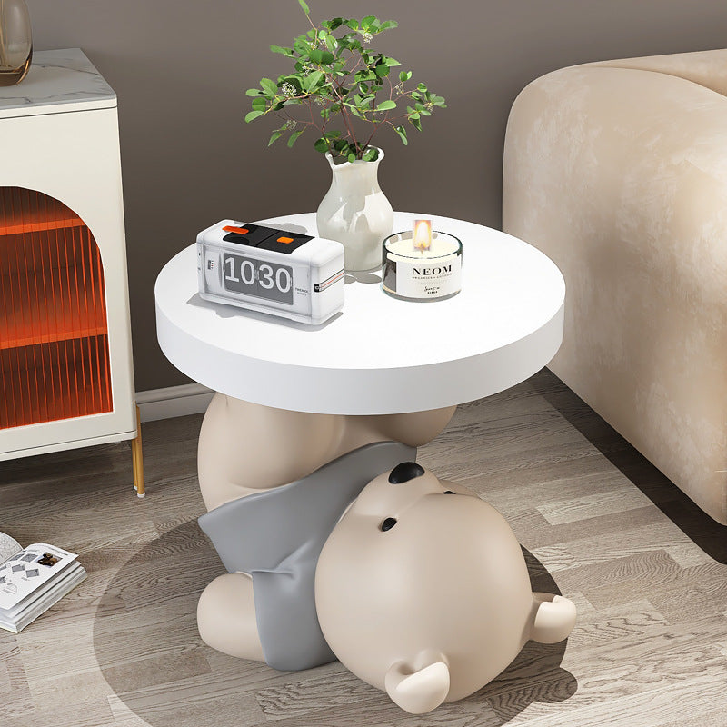 Contemporary Creative Resin Plywood Bear Base Round Side Table For Bedroom And Living Room