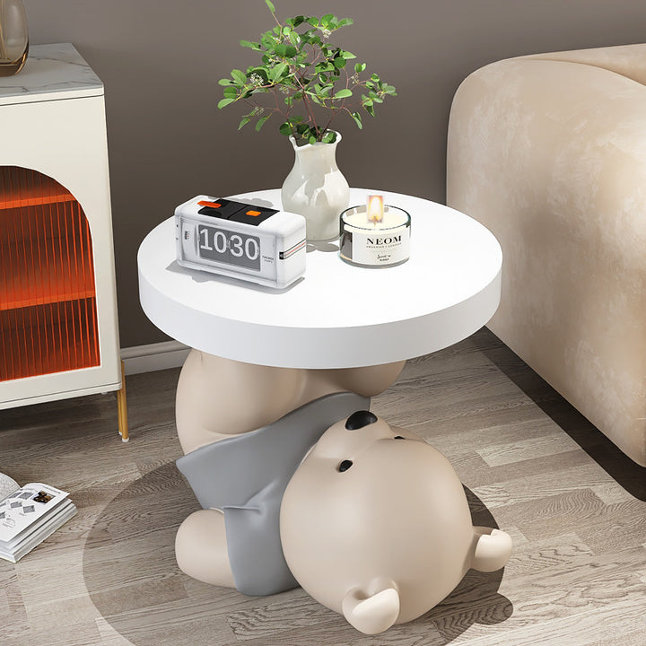 Contemporary Creative Resin Plywood Bear Base Round Side Table For Bedroom And Living Room