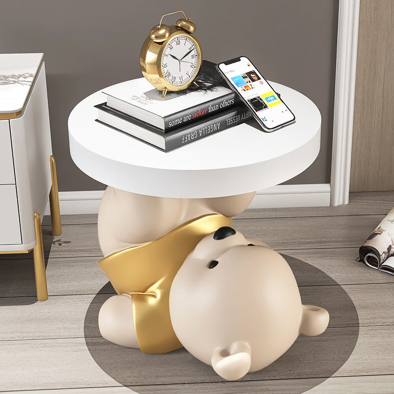 Contemporary Creative Resin Plywood Bear Base Round Side Table For Bedroom And Living Room