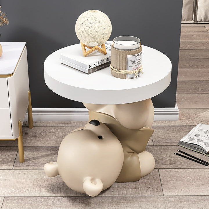 Contemporary Creative Resin Plywood Bear Base Round Side Table For Bedroom And Living Room