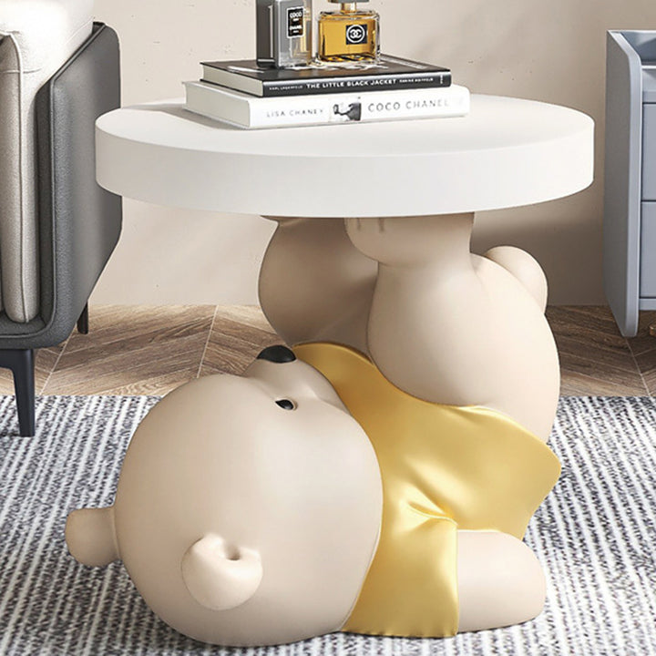 Contemporary Creative Resin Plywood Bear Base Round Side Table For Bedroom And Living Room