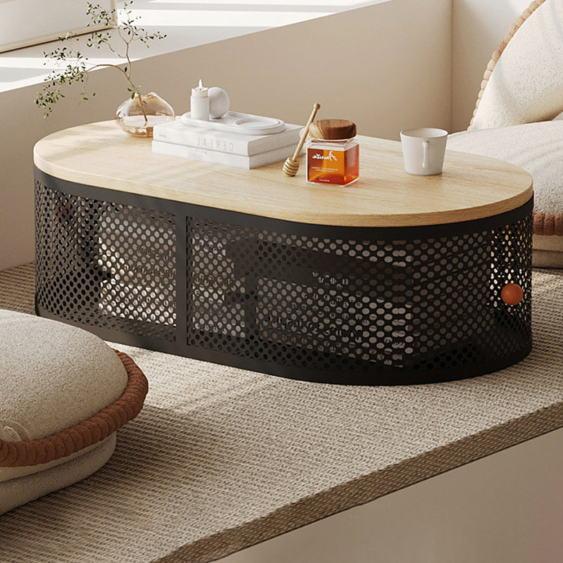 Modern Minimalist Plank & Iron Oval Coffee Table For Bay Window And Living Room