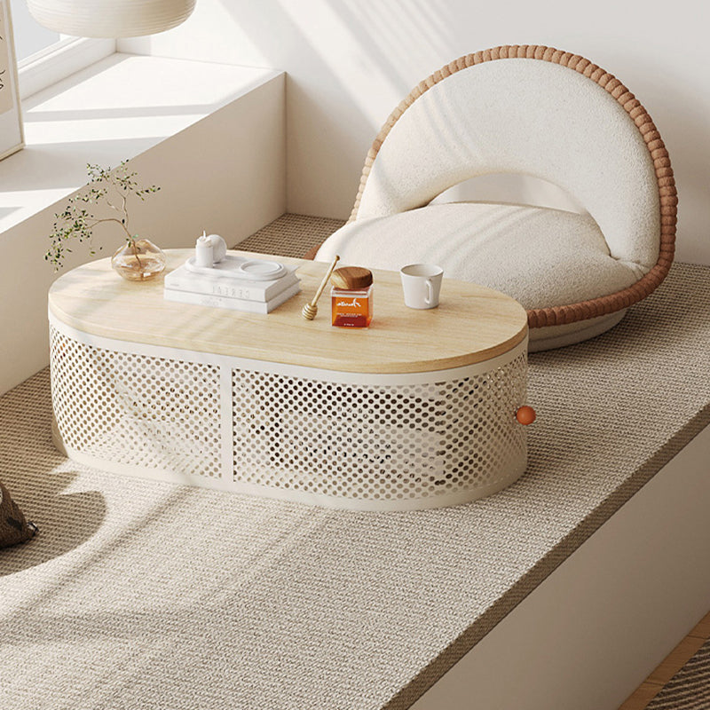 Modern Minimalist Plank & Iron Oval Coffee Table For Bay Window And Living Room