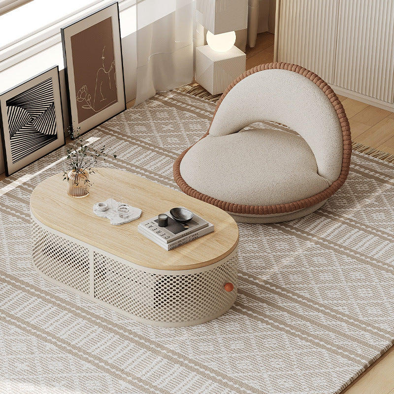 Modern Minimalist Plank & Iron Oval Coffee Table For Bay Window And Living Room