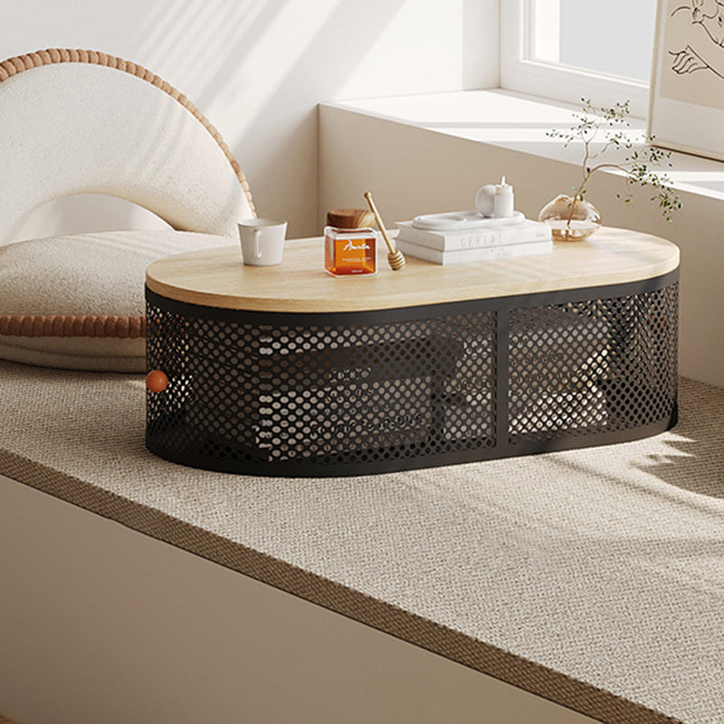 Modern Minimalist Plank & Iron Oval Coffee Table For Bay Window And Living Room