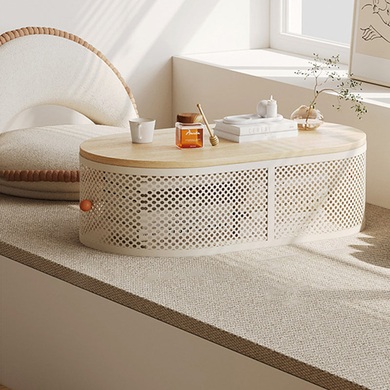 Modern Minimalist Plank & Iron Oval Coffee Table For Bay Window And Living Room